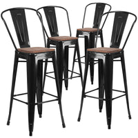 Flash Furniture 30" High Black Metal Barstool with Back & Wood Seat-Set of 4 Bistro Style Bar Stools