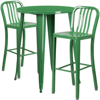 30'' Round Green Metal Indoor-Outdoor Bar Table Set with 2 Vertical Slat Back Barstools [CH-51090BH-2-30VRT-GN-GG]-Metal Cafe Bar Table