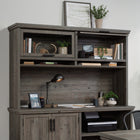 Sauder 433683 Aspen Post Large Hutch - Pebble Pine-Framed, safety-tempered glass doors flip up and lock in position.