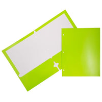 JAM Paper 2 Pocket Laminated Glossy 3 Hole Punched School Folders, Lime Green, 25 Pack-Green Glossy Cardstock Folders