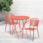 30'' Round Coral Indoor-Outdoor Steel Folding Patio Table Set with 2 Round Back Chairs [CO-30RDF-03CHR2-RED-GG]-Set Includes Folding Table and 2 Chairs