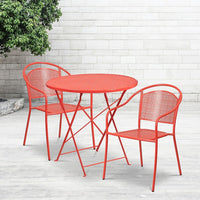 30'' Round Coral Indoor-Outdoor Steel Folding Patio Table Set with 2 Round Back Chairs [CO-30RDF-03CHR2-RED-GG]-Set Includes Folding Table and 2 Chairs