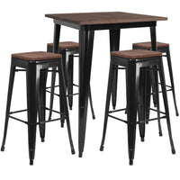 Flash Furniture 31.5" Square Black Wood Top Metal Bar Table Set and 4 Backless Stools-Black/Galvanized Steel, Metal, Plastic, Rubber, Wood