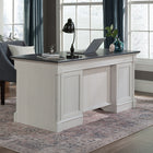 Sauder 65"W Palladia Executive Desk - Glacier Oak-   Cord management system also includes two desk top grommets, numerous pass-throughs, and pedestal with hinged panel for easy access