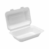 Globe Commercial Products 9" W x 6" D x 3" H Fibre Hinged Lid Bagasse Container - 200 Pack (6013)-Hinge container square takeout container