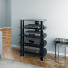 CorLiving TRL-801-C Laguna Glass Component Stand, Satin Black-Generous interior shelf space and extra high bottom shelf space for taller components