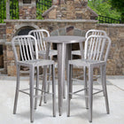 24'' Round Silver Metal Indoor-Outdoor Bar Table Set with 4 Vertical Slat Back Barstools [CH-51080BH-4-30VRT-SIL-GG]-24"W x 24"D x 41"H