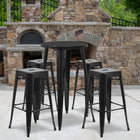 24'' Round Black Metal Indoor-Outdoor Bar Table Set with 4 Square Seat Backless Barstools (CH-51080BH-4-30SQST-BK-GG)-24"W x 24"D x 41"H