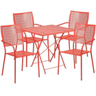28'' Square Coral Indoor-Outdoor Steel Folding Patio Table Set with 4 Square Back Chairs [CO-28SQF-02CHR4-RED-GG]-Coral Powder Coat Finish