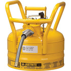 Justrite D.O.T. AccuFlow Safety Cans, 5/8" x 9 Dia, 11 3/4" x 12", Yellow-Hold-down bracket with easy-to-grip tightening screw prevents vapour release and spills during transport