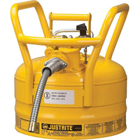 Justrite D.O.T. AccuFlow Safety Cans, 5/8" x 9 Dia, 11 3/4" x 12", Yellow-Hold-down bracket with easy-to-grip tightening screw prevents vapour release and spills during transport