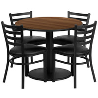 Flash Furniture 36" Round Walnut Laminate Table Set with Round Base & 4 Ladder Back Metal Chairs - Black Vinyl Seat-Table and Chair Set