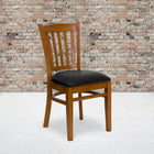 Flash Furniture HERCULES Series Vertical Slat Back Cherry Wood Restaurant Chair - Black Vinyl Seat-2.5'' Thick Foam Padded Seat