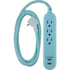 6 ft. 3 Outlet 2 USB Braided Extension Cord - Light Blue-Indoor