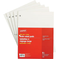Staples Letter Size Wide Ruled White Paper Pads - 96 Sheets - 3 Hole - 5 Pack-Letter size writing pad features white paper with wide ruling