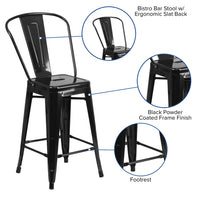 Flash Furniture Commercial Grade 24" High Black Metal Indoor-Outdoor Counter Height Stool with Back-Set of 4 Bistro Style Counter Stools