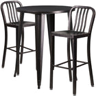 30'' Round Black-Antique Gold Metal Indoor-Outdoor Bar Table Set with 2 Vertical Slat Back Barstools [CH-51090BH-2-30VRT-BQ-GG]-Metal Cafe Bar Table