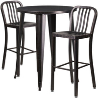 30'' Round Black-Antique Gold Metal Indoor-Outdoor Bar Table Set with 2 Vertical Slat Back Barstools [CH-51090BH-2-30VRT-BQ-GG]-Metal Cafe Bar Table