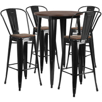 Flash Furniture 30" Round Black Metal Bar Table Set with Wood Top & 4 Stools-Bar Height Table and Stool Set