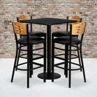 Flash Furniture 30'' Square Black Laminate Table Set with Round Base and 4 Wood Slat Back Metal Bar Stools, Black Vinyl Seat-Set Includes 4 Bar Stools, Square Table Top and Round Base