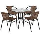 Flash Furniture 28" Square Glass Metal Table with Dark Brown Rattan Edging & 4 Dark Brown Rattan Stack Chairs-Table and Chair Set