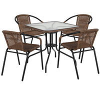 Flash Furniture 28" Square Glass Metal Table with Dark Brown Rattan Edging & 4 Dark Brown Rattan Stack Chairs-Table and Chair Set