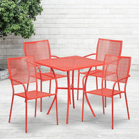 28'' Square Coral Indoor-Outdoor Steel Patio Table Set with 4 Square Back Chairs [CO-28SQ-02CHR4-RED-GG]-Set Includes Table and 4 Chairs
