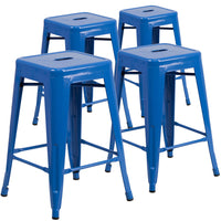 Flash Furniture Commercial Grade 24" High Backless Metal Indoor-Outdoor Counter Height Stool with Square Seat - Blue-Set of 4 Stackable Industrial Style Modern Stools