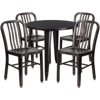 30'' Round Black-Antique Gold Metal Indoor-Outdoor Table Set with 4 Vertical Slat Back Chairs [CH-51090TH-4-18VRT-BQ-GG]-Metal Cafe Table