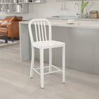Flash Furniture 24" High White Metal Indoor-Outdoor Counter Height Stool with Vertical Slat Back-Adjustable Floor Glides