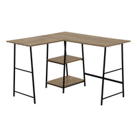 Monarch Specialties 7592 48" Computer Desk - Dark Taupe Top/ Black Metal Corner-Industrial-style computer desk with 2 fixed, open shelves supported by sawhorse-style legs in metal
