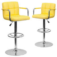 Flash Furniture Contemporary Quilted Vinyl Adjustable Height Barstools with Arms & Chrome Base - Yellow - 2 Pack-Set of 2 Contemporary Style Stools