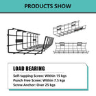 ShoppingAll Under Desk Cable Management Mesh Tray - Black - 4 Pack-Sturdy Construction: High-quality Q235 carbon steel mesh rack bears 15kg with Self-Tapping screws, 7.5kg with Punch Free Screws, and 25kg with a Screw Anchor