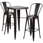 Flash Furniture 23.75" Square Black-Antique Gold Metal Indoor-Outdoor Bar Table Set with 2 Stools with Backs-Bar Height Table and Stool Set