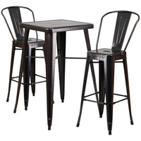 Flash Furniture 23.75" Square Black-Antique Gold Metal Indoor-Outdoor Bar Table Set with 2 Stools with Backs-Bar Height Table and Stool Set
