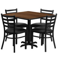 Flash Furniture 36" Square Walnut Laminate Table Set with X-Base & 4 Ladder Back Metal Chairs - Black Vinyl Seat-Table and Chair Set