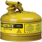 Justrite Type I Safety Cans without Funnel, 2.5 Gal, 11 3/4" x 11 1/2", Yellow-Compliant Type I Safety Cans are designed with a single spout for filling and pouring of all types of flammable liquids