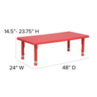 Flash Furniture 24"W x 48"L Rectangular Plastic Height Adjustable Activity Table Set with 6 Chairs - Red-1.5'' Thick Textured Plastic Table Top