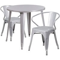 30'' Round Silver Metal Indoor-Outdoor Table Set with 2 Arm Chairs (CH-51090TH-2-18ARM-SIL-GG)-Indoor Outdoor Sets