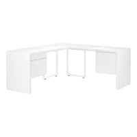 Monarch Specialties 7582 72" Computer Desk - High Glossy White Left/ Right Face-L-shaped computer desk with 2 storage drawers and 1 cabinet featuring thick-panel construction in a glossy white finish with sturdy metal legs in a white finish