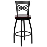 Flash Furniture HERCULES Series Black "X" Back Swivel Metal Barstool - Mahogany Wood Seat-Metal Barstool