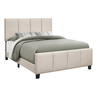 Monarch Specialties 6026Q Queen Size Bed - Beige Linen-Upholstered queen-size platform bed with a square-tufted headboard, footboard, and side rails in a beige linen-look fabric