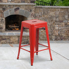 Flash Furniture Commercial Grade 24" High Backless Red Metal Indoor-Outdoor Counter Height Stool with Square Seat-Seat Drain Hole assists in drying