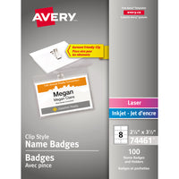 Avery 74461 Garment Friendly Clip Style Name Badges 74461, 2-1/4" x 3-1/2", Top-Loading, White, 100 Pack-Avery® Name badges give you professional-quality results right at your desktop