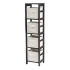 Winsome Capri 4-Section N Storage Shelf with 4 Foldable Beige Fabric Baskets, Espresso-Contemporary style bookcase/shelf with baskets for a complete storage function.