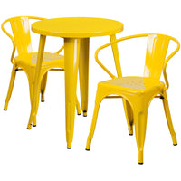 24'' Round Yellow Metal Indoor-Outdoor Table Set with 2 Arm Chairs (CH-51080TH-2-18ARM-YL-GG)-Indoor Outdoor Sets