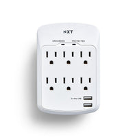NXT Technologies NX54321-CA NX54321, 6-Outlet 2 USB Wall Tap, 1200 Joules, White-6 standard outlets with 2 USB-A ports (3.1Amp)