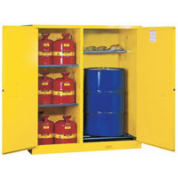 Justrite Sure-Grip EX Double-Duty Safety Cabinets, 2 Doors, external Self-Close with drum rollers, 59" x 34" x 65", 700Lb-Combines vertical drum and safety storage into one partitioned cabinet