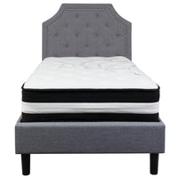Flash Furniture Brighton Twin Size Tufted Upholstered Platform Bed with Pocket Spring Mattress - Light Grey Fabric-Twin Platform Bed and Mattress Set