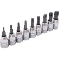 Dynamic Tools 3/8" Drive 9 Piece Standard Length, Torx Socket Set, T15 - T55-Contains: T15, T20, T25, T27, T30, T40, T45, T50, T55
